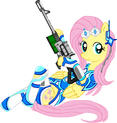 Size: 1366x1432 | Tagged: safe, alternate version, artist:avchonline, character:fluttershy, species:anthro, species:pegasus, species:pony, species:unguligrade anthro, anatomically incorrect, armor, black and white, cutie mark, female, grayscale, gun, headset, hooves, incorrect leg anatomy, lying down, mare, monochrome, optical sight, pose, rifle, simple background, sitting, smiling, sniper rifle, solo, starcraft 2, transparent background, weapon, wings