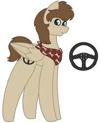 Size: 1646x1998 | Tagged: safe, artist:midnightamber, parent:oc:steelo, parents:oc x oc, species:pegasus, species:pony, bandana, breeding result, male, offspring, offspring shipping, parent:oc:cream heart, simple background, smiling, solo, stallion, steering wheel, transparent background