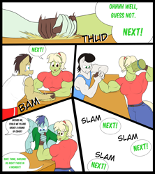 Size: 3160x3560 | Tagged: safe, artist:matchstickman, character:granny smith, oc, unnamed oc, species:anthro, species:earth pony, species:pegasus, species:pony, comic:free cider, anthro oc, arm wrestling, back muscles, biceps, breasts, busty granny smith, cider, clothing, deltoids, dialogue, drinking, female, flashback, gloves, granny smash, male, mare, muscles, onomatopoeia, shirt, simple background, speech bubble, stallion, sweat, white background, young granny smith, younger