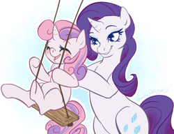 Size: 721x553 | Tagged: dead source, safe, artist:clovercoin, character:rarity, character:sweetie belle, species:pony, species:unicorn, bipedal, blushing, duo, duo female, eyes closed, female, filly, happy, mare, smiling, swing