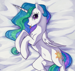 Size: 1255x1191 | Tagged: safe, artist:toroitimu, character:princess celestia, species:alicorn, species:pony, beautiful, belly button, blep, chest fluff, cute, cutelestia, cutie mark, female, folded wings, looking at you, lying down, mare, multicolored hair, purple eyes, sillestia, silly, solo, tongue out, we don't normally wear clothes