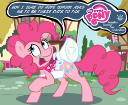 Size: 697x573 | Tagged: safe, artist:pippy, character:pinkie pie, species:pony, apron, clothing, female, megaphone, my little pony logo, pinkiepieskitchen, solo, title drop