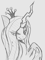 Size: 634x849 | Tagged: safe, artist:tre, character:queen chrysalis, species:changeling, bust, changeling queen, chest fluff, crown, eye clipping through hair, female, fluffy changeling, grayscale, jewelry, monochrome, portrait, regalia, solo
