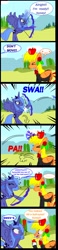 Size: 1135x4924 | Tagged: safe, artist:avchonline, character:princess luna, oc, oc:sean, species:alicorn, species:pegasus, species:pony, ..., apple, arrow, blushing, bow (weapon), bow and arrow, censored vulgarity, clothing, comic, dialogue, eyes closed, female, flower, flower in hair, food, glowing horn, grawlixes, hoof hold, hoof shoes, horn, impalement, injured, magic, male, mare, onomatopoeia, s1 luna, scared, screw physics, stallion, suit, surprised, telekinesis, weapon, wide eyes