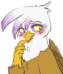 Size: 485x574 | Tagged: safe, artist:clovercoin, character:gilda, species:griffon, blushing, bust, female, simple background, solo, white background