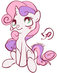 Size: 417x536 | Tagged: safe, artist:clovercoin, character:sweetie belle, species:pony, species:unicorn, female, filly, simple background, sitting, solo, white background
