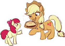 Size: 842x604 | Tagged: safe, artist:clovercoin, character:apple bloom, character:applejack, species:earth pony, species:pony, duo, duo female, female, filly, mare, mouth hold, pie, raised hoof, simple background, white background