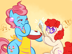 Size: 1040x788 | Tagged: dead source, safe, artist:clovercoin, character:cup cake, character:twist, species:earth pony, species:pony, apron, bipedal, blushing, bowl, cake, clothing, duo, duo female, female, filly, mare, smiling, spoon
