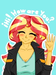 Size: 1024x1366 | Tagged: safe, artist:albertbm, character:sunset shimmer, my little pony:equestria girls, blue background, blushing, bust, cute, eyes closed, female, hi, shimmerbetes, simple background, smiling, smiling at you, solo, wave