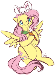 Size: 817x1118 | Tagged: safe, artist:clovercoin, character:fluttershy, species:pegasus, species:pony, species:rabbit, carrot, female, mare, simple background, smiling, white background