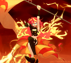 Size: 1500x1333 | Tagged: safe, artist:kkmrarar, character:sunset shimmer, my little pony:equestria girls, armpits, clothing, female, fiery shimmer, flag, macross, macross delta, robotech, solo, staff