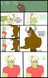 Size: 2452x3980 | Tagged: safe, artist:matchstickman, character:granny smith, oc, unnamed oc, species:anthro, species:earth pony, species:minotaur, species:pony, comic:free cider, abs, anthro oc, biceps, breasts, busty granny smith, chalkboard, cider, clothing, comic, deltoids, dialogue, drunk, drunk bubbles, duo, female, gloves, granny smash, male, mare, mug, muscles, pecs, shirt, simple background, speech bubble, white background, young granny smith, younger