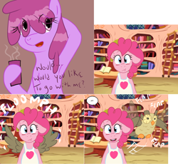 Size: 1516x1394 | Tagged: safe, artist:pippy, artist:sober-berry-punch, character:berry punch, character:berryshine, character:owlowiscious, character:pinkie pie, species:pony, apron, armpits, berrypie, clothing, coffee mug, comic, female, lesbian, mug, pinkiepieskitchen, shipping, spread wings, wingboner, wings