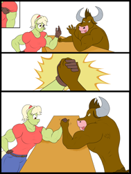 Size: 2992x3952 | Tagged: safe, artist:matchstickman, character:granny smith, oc, unnamed oc, species:anthro, species:earth pony, species:minotaur, species:pony, comic:free cider, arm wrestling, biceps, breasts, busty granny smith, clothing, comic, deltoids, duo, female, granny smash, jeans, male, mare, muscles, no dialogue, pants, shirt, simple background, sweat, sweatdrop, table, white background, young granny smith, younger