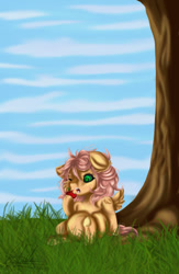Size: 550x844 | Tagged: safe, artist:ohflaming-rainbow, oc, oc only, oc:sunshine apple shy, parent:big macintosh, parent:fluttershy, parents:fluttermac, species:pegasus, species:pony, apple, eating, female, filly, food, freckles, grass, offspring, one eye closed, open mouth, solo, tree
