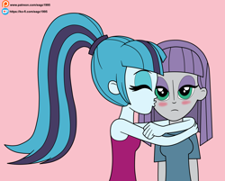 Size: 4488x3601 | Tagged: safe, artist:eagc7, character:maud pie, character:sonata dusk, my little pony:equestria girls, anatomically incorrect, blushing, clothing, commission, crack shipping, female, kiss on the cheek, kissing, ko-fi, lesbian, mauddusk, patreon, shipping, simple background, sleeveless, tank top