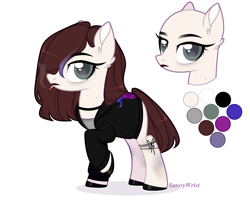 Size: 3167x2535 | Tagged: safe, artist:rerorir, oc, oc only, oc:cut crease, species:earth pony, species:pony, choker, cigarette, clothing, female, freckles, jacket, leather jacket, lipstick, mare, mascara, multicolored hair, nail polish, raised hoof, reference sheet, shirt, simple background, smoke, smoking, solo, t-shirt, unshorn fetlocks, white background