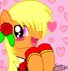 Size: 639x674 | Tagged: safe, artist:avchonline, oc, oc only, oc:sean, species:pegasus, species:pony, blushing, bust, clothing, femboy, flower, flower in hair, heart, hoof shoes, male, signature, smiling, solo, stallion