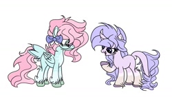 Size: 1192x670 | Tagged: safe, artist:bezziie, oc, oc:strawberry pie, oc:violet, species:classical unicorn, species:pegasus, species:pony, species:unicorn, bandaid, bow, curved horn, glasses, horn, leonine tail, simple background, tail feathers, unshorn fetlocks, white background