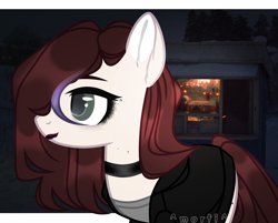 Size: 3600x2888 | Tagged: safe, artist:rerorir, oc, oc only, oc:cut crease, species:earth pony, species:pony, choker, clothing, female, freckles, jacket, leather jacket, lip piercing, lipstick, mare, mascara, night, piercing, shirt, solo, t-shirt
