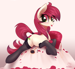 Size: 4131x3845 | Tagged: safe, artist:nevobaster, character:roseluck, species:earth pony, species:pony, abstract background, adorasexy, blep, blushing, clothing, cute, cuteluck, dawwww, diabetes, eye clipping through hair, female, flower, looking at you, lying down, makeup, mare, mascara, mirror, nevobaster is trying to murder us, pillow, purse, rose, sexy, simple background, smiling, socks, solo, stockings, tail wrap, thigh highs, tongue out, white background
