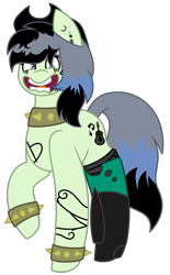 Size: 705x1134 | Tagged: safe, artist:midnightamber, oc, oc only, oc:southern gothic, parent:beauty brass, parent:fiddlesticks, parents:fiddlebrass, species:earth pony, species:pony, icey-verse, angry, boots, choker, clothing, cowboy boots, cowboy hat, ear piercing, earring, female, hat, jewelry, looking at you, magical lesbian spawn, mare, multicolored hair, offspring, piercing, shoes, simple background, socks, solo, spiked choker, spiked wristband, stockings, tattoo, thigh highs, torn clothes, transparent background, wristband