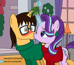Size: 2433x2137 | Tagged: safe, artist:eagc7, character:starlight glimmer, oc, oc:brandon, species:pony, blushing, branglimmer, canon x oc, clothing, commission, ear piercing, earring, female, glasses, jewelry, kissing, ko-fi, lidded eyes, male, mistletoe, patreon, piercing, shipping, straight, surprise kiss, sweater