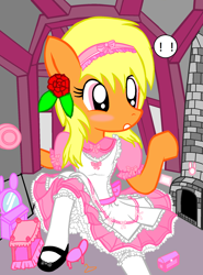 Size: 1448x1952 | Tagged: safe, artist:avchonline, oc, oc only, oc:sean, species:pegasus, species:pony, alice in wonderland, blushing, chimney, clothing, colt, crossdressing, crossover, dress, exclamation point, femboy, flower, flower in hair, male, semi-anthro, shoes, solo
