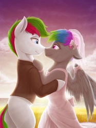Size: 774x1033 | Tagged: safe, artist:novaintellus, oc, oc:fox glove, oc:neon streak, species:earth pony, species:pegasus, species:pony, bedroom eyes, couple, cute, looking at each other, marriage, neove, wedding