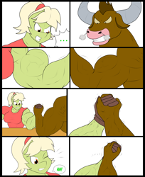 Size: 3160x3872 | Tagged: safe, artist:matchstickman, character:granny smith, oc, unnamed oc, species:anthro, species:earth pony, species:minotaur, species:pony, comic:free cider, ..., arm wrestling, biceps, breasts, busty granny smith, clothing, comic, deltoids, dialogue, duo, female, flexing, gloves, granny smash, gritted teeth, male, mare, muscles, one eye closed, shirt, simple background, snorting, table, white background, young granny smith, younger