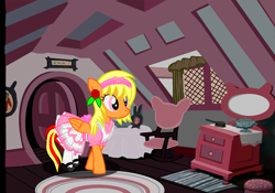 Size: 2597x1817 | Tagged: safe, artist:avchonline, oc, oc only, oc:sean, species:pegasus, species:pony, alice in wonderland, blushing, clothing, colt, crossdressing, crossover, disney, dress, femboy, flower, flower in hair, male, pegasus oc, shoes, solo, wings