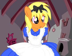 Size: 972x762 | Tagged: safe, artist:avchonline, oc, oc only, oc:sean, species:pegasus, species:pony, alice in wonderland, blushing, bow, chimney, clothing, colt, crossdressing, crossover, dress, exclamation point, femboy, hair bow, male, semi-anthro, solo
