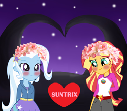 Size: 1288x1124 | Tagged: safe, artist:rulette, edit, character:sunset shimmer, character:trixie, ship:suntrix, my little pony:equestria girls, blushing, female, lesbian, shipping