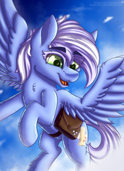 Size: 1500x2075 | Tagged: safe, artist:midnightsix3, oc, oc:holly (deltauraart), species:pegasus, species:pony, cloud, female, flying, mare, saddle bag, sky, smiling