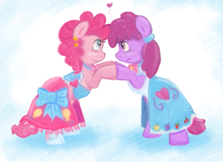 Size: 815x593 | Tagged: safe, artist:pippy, character:berry punch, character:berryshine, character:pinkie pie, species:earth pony, species:pony, berrypie, bipedal, clothing, dress, eye contact, female, gala dress, heart, hooves together, lesbian, looking at each other, mare, pinkiepieskitchen, shipping