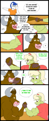 Size: 3168x7864 | Tagged: safe, artist:matchstickman, character:granny smith, oc, unnamed oc, species:anthro, species:earth pony, species:minotaur, species:pony, comic:free cider, anthro oc, arm wrestling, biceps, breasts, busty granny smith, clothing, comic, deltoids, dialogue, female, flashback, granny smash, male, mare, muscles, shirt, stallion, sweat, table, young granny smith, younger