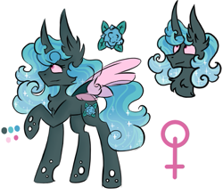Size: 627x548 | Tagged: safe, artist:hunterthewastelander, oc, oc only, oc:cassiopeia, parent:princess celestia, parent:queen chrysalis, parents:chryslestia, species:changepony, species:pony, blue changeling, changeling queen, changeling queen oc, flower, magical lesbian spawn, offspring, raised hoof, reference sheet, solo