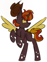 Size: 555x727 | Tagged: safe, artist:hunterthewastelander, oc, oc only, parent:applejack, parent:queen chrysalis, parents:chrysajack, species:pony, changeling queen, changeling queen oc, clothing, hat, interspecies offspring, looking back, magical lesbian spawn, offspring, orange changeling, rearing, simple background, solo, spread wings, white background, wings