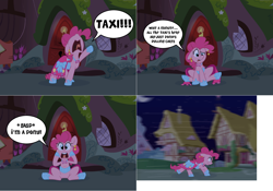 Size: 2340x1634 | Tagged: safe, artist:pippy, character:pinkie pie, species:earth pony, species:pony, captain obvious, clothing, comic, dignified wear, dress, female, furry confusion, gala dress, gasp, horses doing horse things, mare, pinkiepieskitchen, solo, sudden realization, taxi