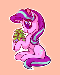 Size: 600x750 | Tagged: safe, artist:lollipony, character:phyllis, character:starlight glimmer, species:pony, species:unicorn, episode:a horse shoe-in, g4, my little pony: friendship is magic, cute, eye clipping through hair, female, glimmerbetes, happy, mare, phylliglimmer, simple background, sitting, smiling, solo, white outline