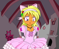 Size: 3000x2520 | Tagged: safe, artist:avchonline, oc, oc only, oc:sean, species:human, alice in wonderland, arm behind back, bow, chimney, clothing, cosplay, costume, crossdressing, dress, flower, flower in hair, hair bow, headband, humanized, jewelry, male, mirror, necklace, solo