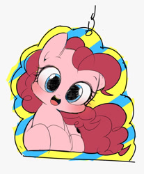 Size: 849x1024 | Tagged: safe, artist:manachaaaaaaaa, character:pinkie pie, species:earth pony, species:pony, cute, diapinkes, female, keychain, looking at you, mare, open mouth, pixiv, prone, solo