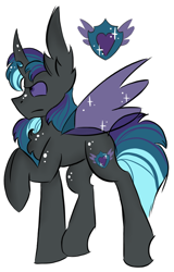 Size: 490x766 | Tagged: safe, artist:hunterthewastelander, oc, oc only, oc:starry knight, parent:queen chrysalis, parent:shining armor, parents:shining chrysalis, species:changepony, changeling queen, changeling queen oc, double colored changeling, hybrid, interspecies offspring, offspring, raised hoof, reference sheet, simple background, solo, white background
