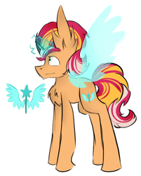 Size: 462x576 | Tagged: safe, artist:hunterthewastelander, oc, oc only, parent:fire streak, parent:sunset shimmer, parents:sunsetstreak, species:pony, species:unicorn, artificial wings, augmented, chest fluff, female, glowing horn, horn, magic, magic wings, mare, offspring, simple background, solo, unicorn oc, white background, wings