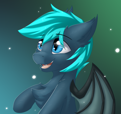Size: 2958x2788 | Tagged: safe, artist:snowstormbat, oc, species:bat pony, species:pony, bust, chest fluff, ear tufts, fangs, gradient background, male, portrait, smiling, solo