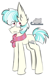 Size: 448x678 | Tagged: safe, artist:hunterthewastelander, oc, oc only, parent:coco pommel, parent:double diamond, species:earth pony, species:pony, clothing, earth pony oc, eye clipping through hair, ice skates, offspring, scarf, simple background, white background