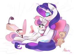 Size: 2956x2203 | Tagged: safe, artist:nevobaster, character:rarity, character:sweetie belle, species:pony, species:unicorn, abstract background, airpods, chair, cute, dawwww, diasweetes, eyes closed, female, filly, hug, hug from behind, ipad, lamp, levitation, magic, mare, misleading thumbnail, music notes, picture frame, plushie, sharing headphones, siblings, sisters, sitting, smiling, teddy bear, telekinesis, wholesome
