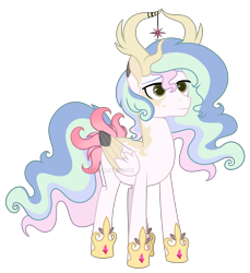 Size: 3149x3437 | Tagged: safe, artist:midnightamber, base used, oc, oc:solar comet, parent:king aspen, parent:princess celestia, parents:aspenlestia, species:deer, species:pegasus, species:pony, antlers, colored wings, flower, flowing mane, flowing tail, hybrid, interspecies offspring, male, markings, multicolored hair, multicolored wings, offspring, original species, simple background, solo, stallion, transparent background, wings