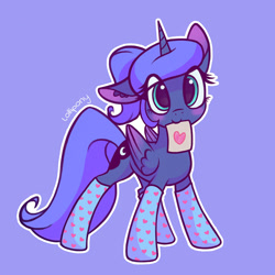 Size: 750x750 | Tagged: safe, alternate version, artist:lollipony, character:princess luna, species:alicorn, species:pony, blue background, blushing, clothing, cute, dawwww, eye clipping through hair, female, floppy ears, heart, looking at you, lunabetes, mare, mouth hold, note, paper, ponytail, s1 luna, simple background, smiling, socks, solo, sweet dreams fuel, too cute, weapons-grade cute, white outline
