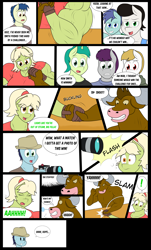 Size: 3200x5304 | Tagged: safe, artist:matchstickman, character:granny smith, oc, unnamed oc, species:anthro, species:earth pony, species:minotaur, species:pony, species:unicorn, comic:free cider, anthro oc, arm wrestling, biceps, breasts, busty granny smith, camera, camera flashes, clothing, comic, deltoids, dialogue, distracted, female, flexing, granny smash, male, mare, muscles, shirt, simple background, stallion, sweat, sweatdrop, table, white background